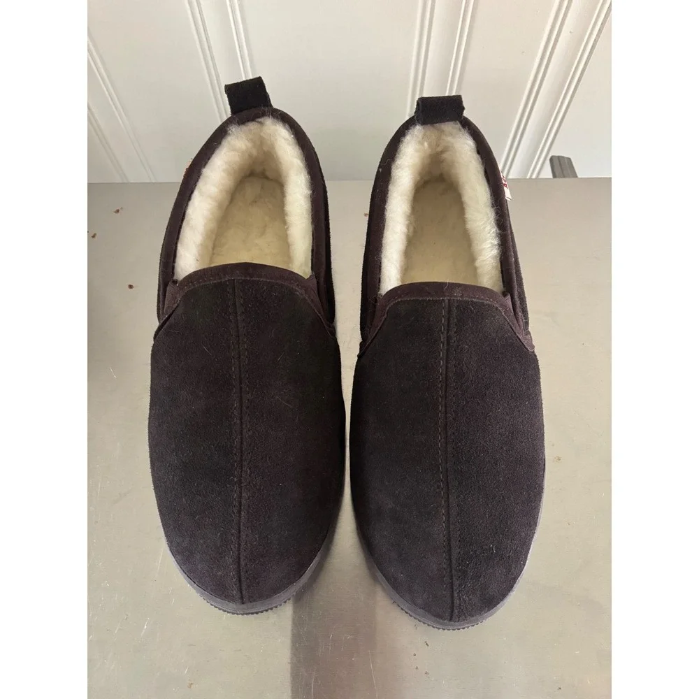 Aden Mens Suede Slippers Dark Brown Lambskin Lined House Shoes Size 10